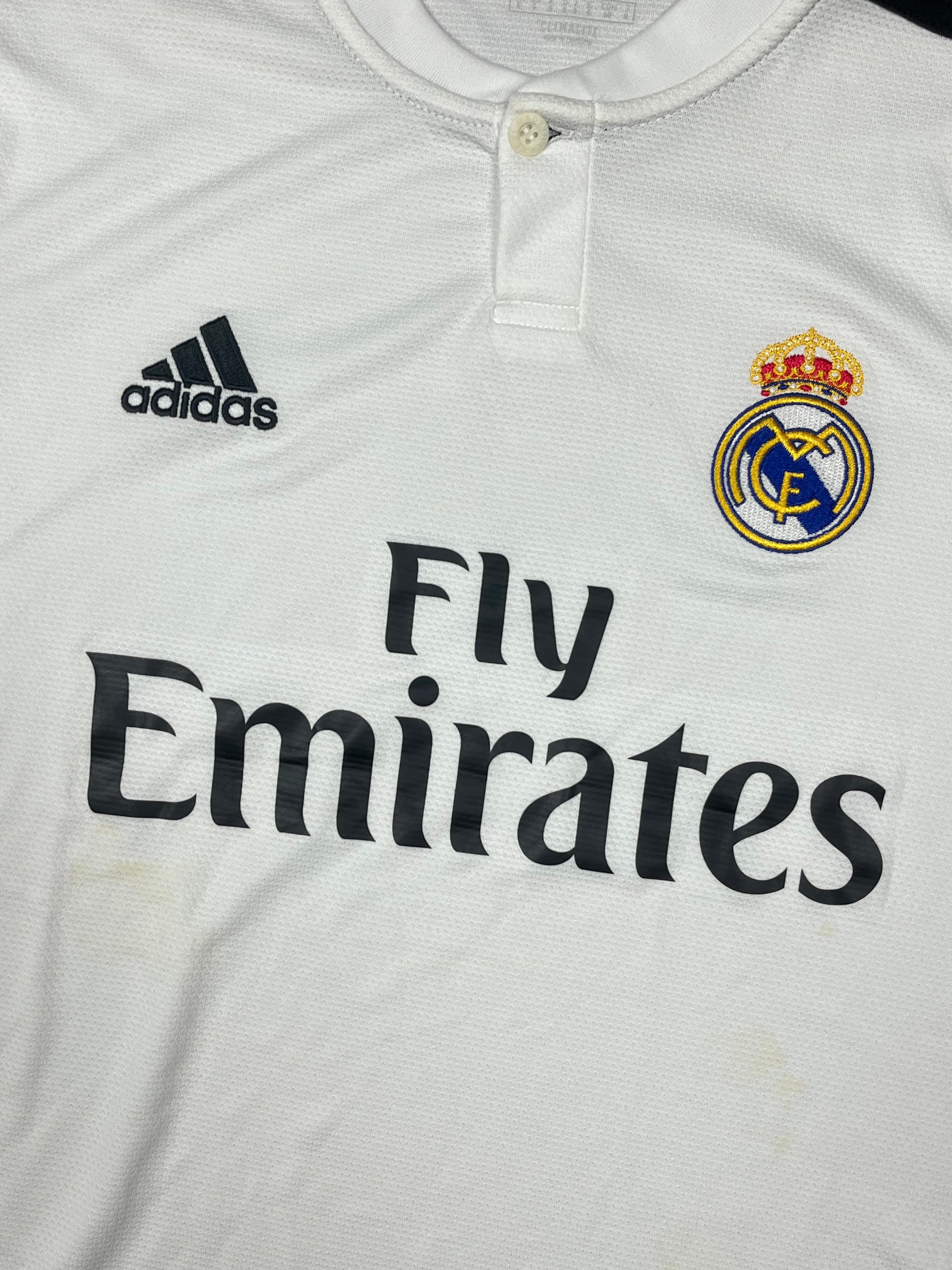 white Adidas Real Madrid 2018-2019 home jersey {S}